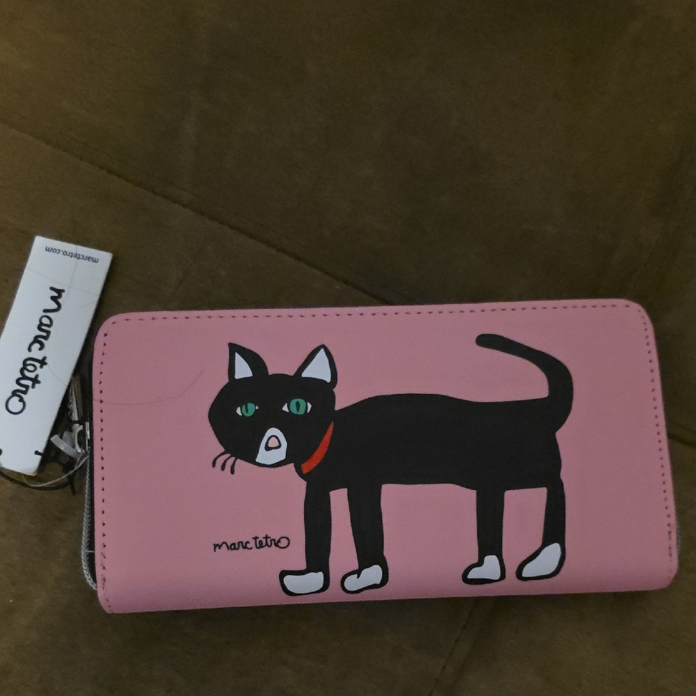 Marc Tetro Pink Black Cat Large Wallet Clutch New With Tags